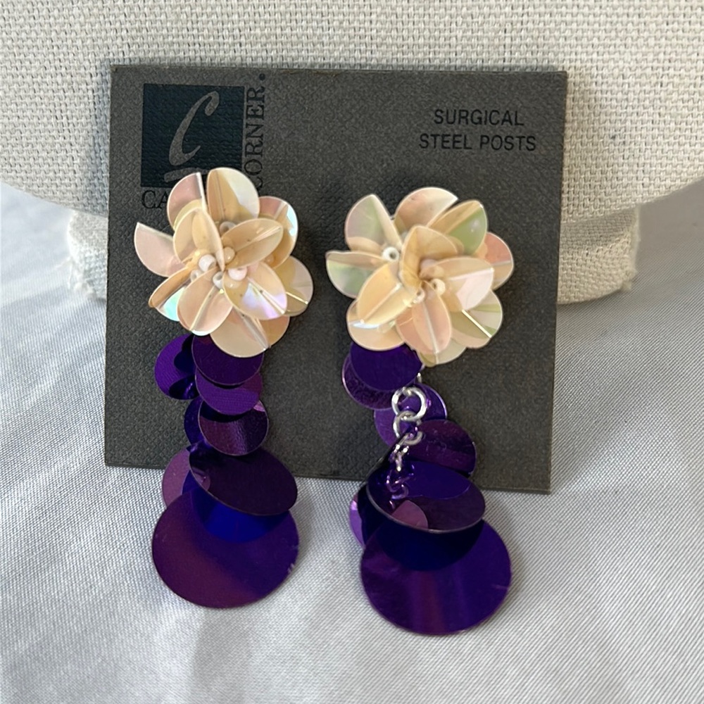 Long larger style NWT purple and iridescent flower earrings